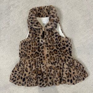 Mud Pie Leopard Print Faux Fur Vest Sherpa Lined Ruffle Hem‎ Girls Size 4-5T